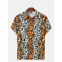 Mens Leopard Print Chest Pocket Street Short Sleeve Shirts