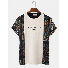 Mens Ethnic Tribal Pattern Letter Embroidered Knit Short Sleeve T  Shirts