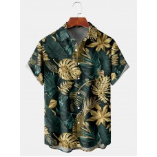 Men's Hawaiian Monstera Gold Green Short Sleeve Shirt